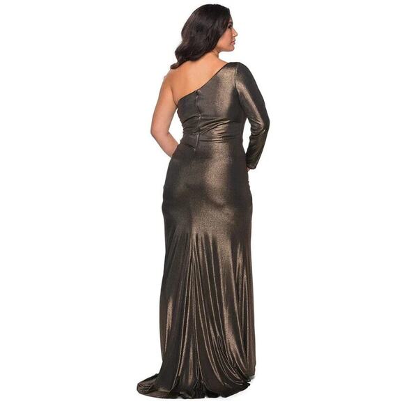 La Femme Curve NWT Metallic 28878 One Shoulder Long Sleeve Gown Black Gold 12 - Picture 2 of 7